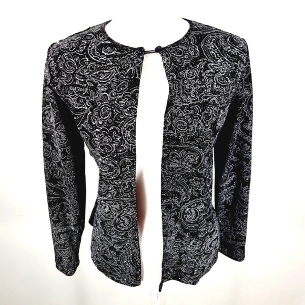 Vintage NOTATIONS Long Sleeve Black Glitter Metallic Cardigan, Petite Large